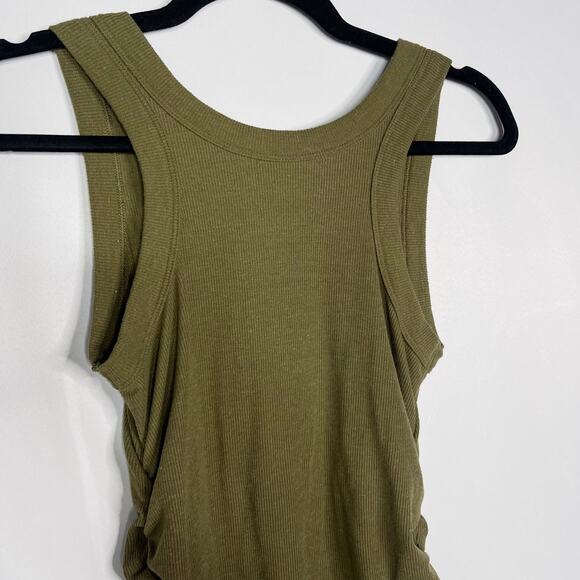 Evereve XSmall Olive Green Linen Rib Ruched Tank Top Crew Neck Side Seam Ruching - Picture 6 of 12